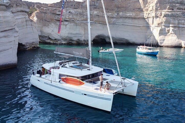 Milos Sunset Catamaran Cruise to Kleftiko Bay with Meal & Drinks